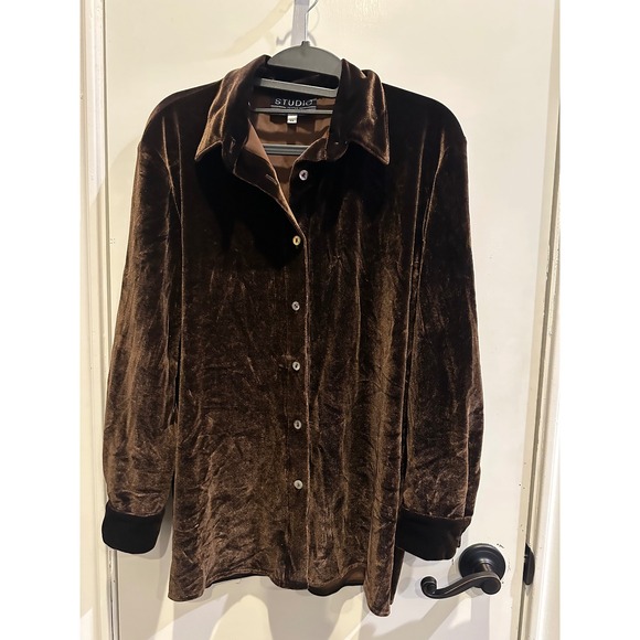 Marisa Christina Tops - Studio Marisa Christina Brown Velvet Button Down Shirt Petites PS Long Sleeve